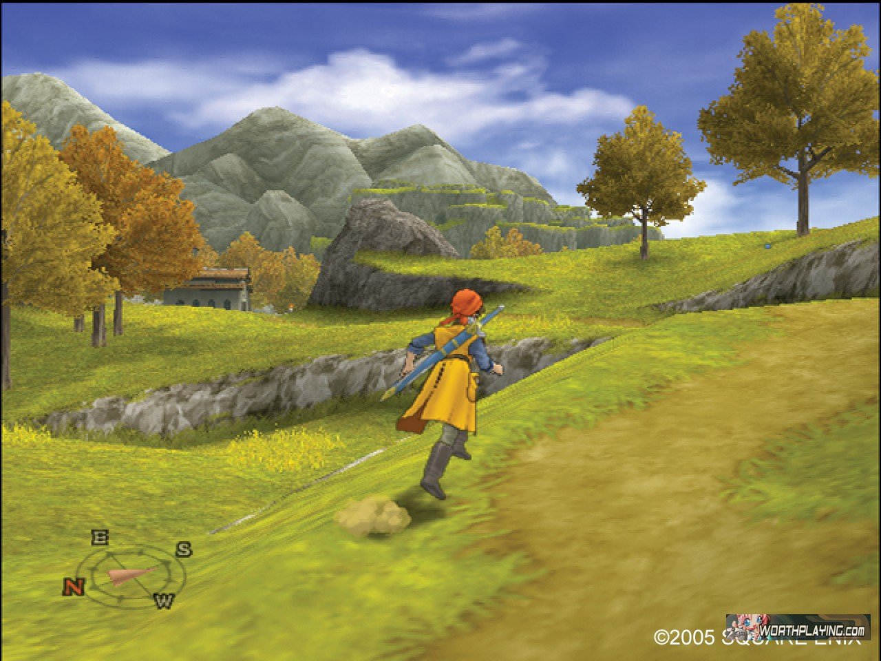 Dragon Quest VIII no PlayStation 2 com protagonista correndo por uma região montanhosa