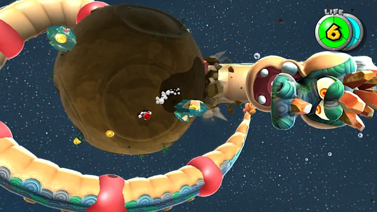 Super Mario Galaxy 2 original, com combate espacial em pequeno planeta e inimigo