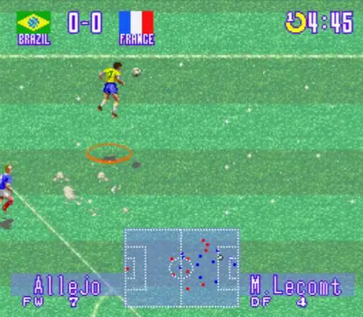 ISS Deluxe no SNES com jogada de Brasil contra França