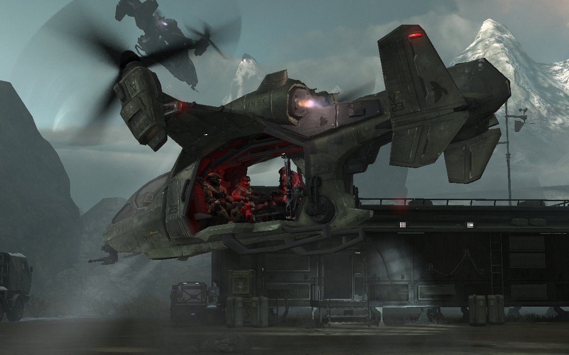 Cena com aeronave Falcon na abertura da campanha de Halo Reach no port Linux