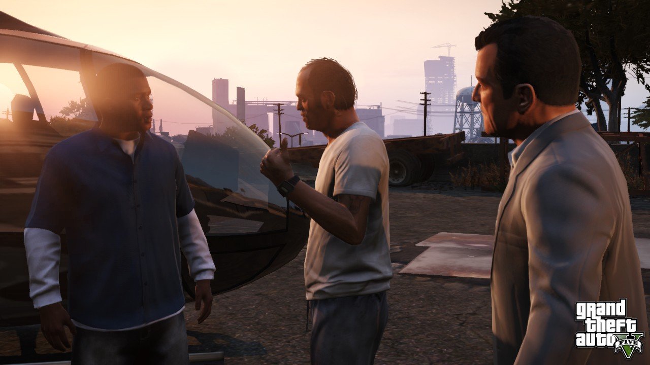 Michael, Franklin e Trevor em GTA V original para PC, apenas contexto do projeto iOS