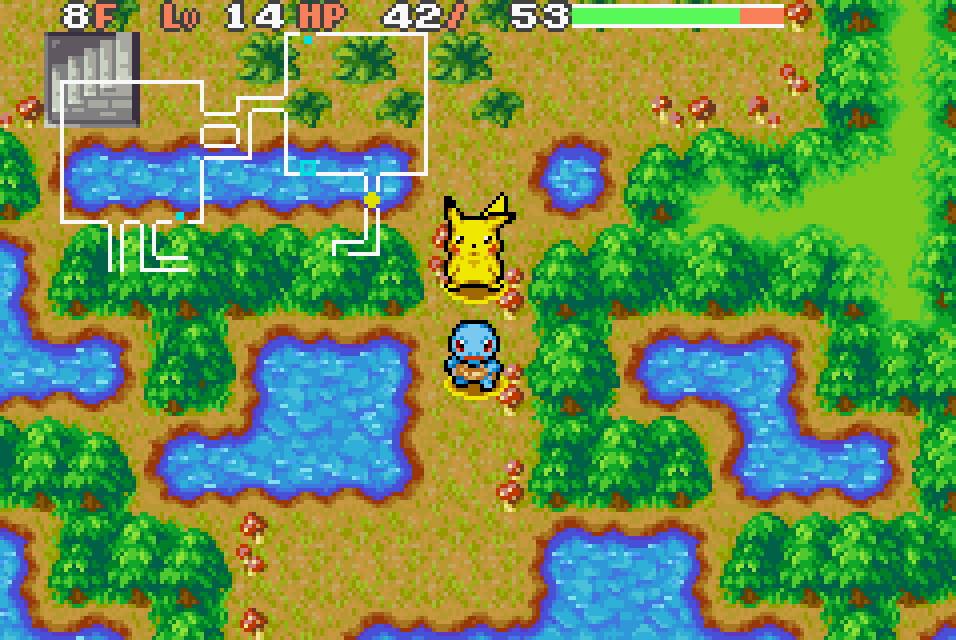 Pikachu e Squirtle exploram a masmorra com água em Pokémon Mystery Dungeon Red Rescue Team de GBA