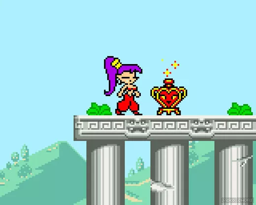 Shantae no Game Boy Color diante de objeto brilhante sobre plataforma entre colunas