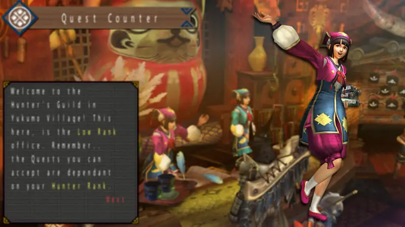 Monster Hunter Portable 3rd HD: atendente de missões na vila de Yukumo
