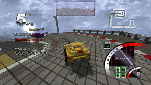 3D Pixel Racing original: carro amarelo percorrendo pista com curvas no WiiWare