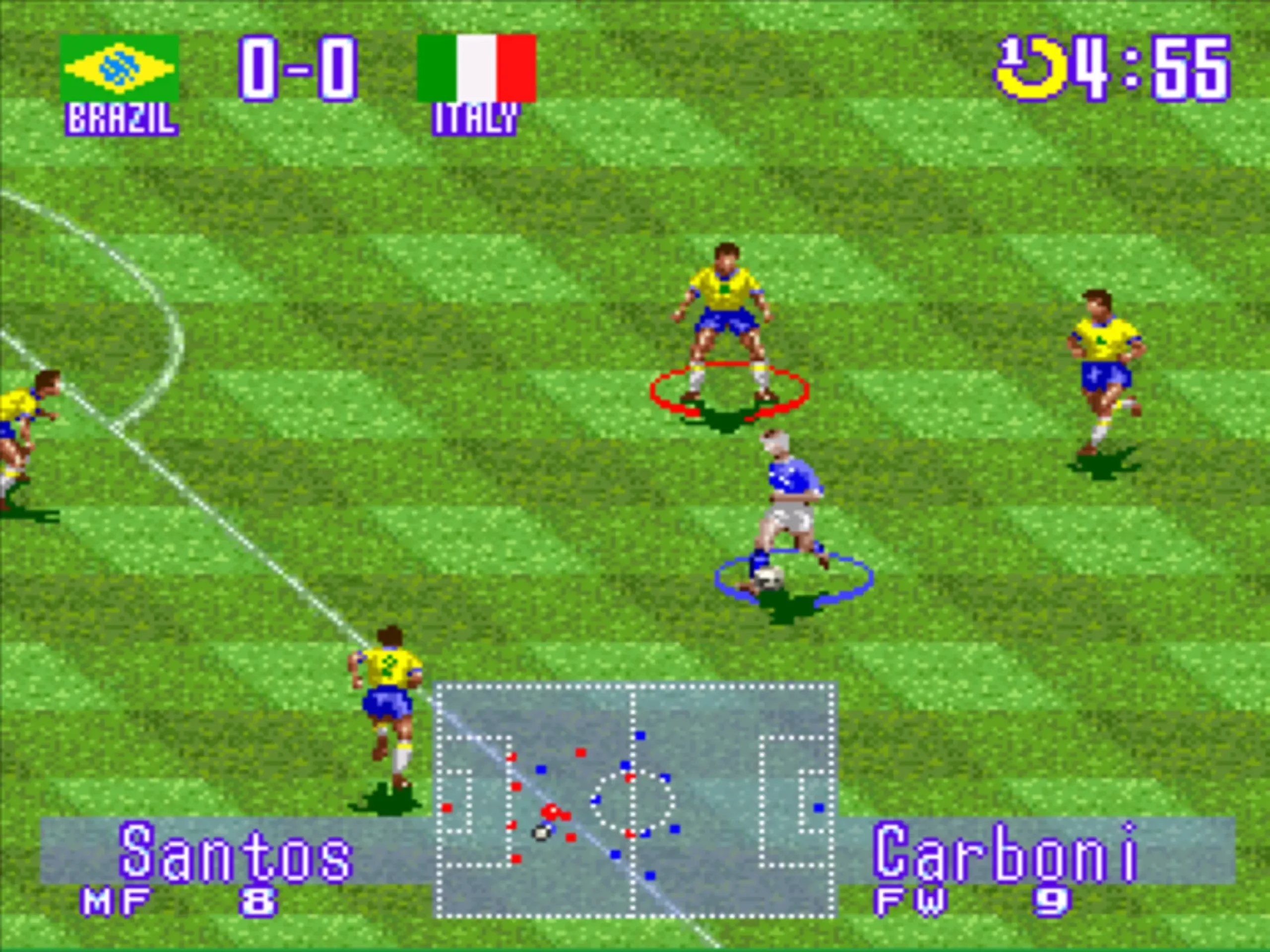 Partida Brasil x Itália no International Superstar Soccer Deluxe para Super Nintendo