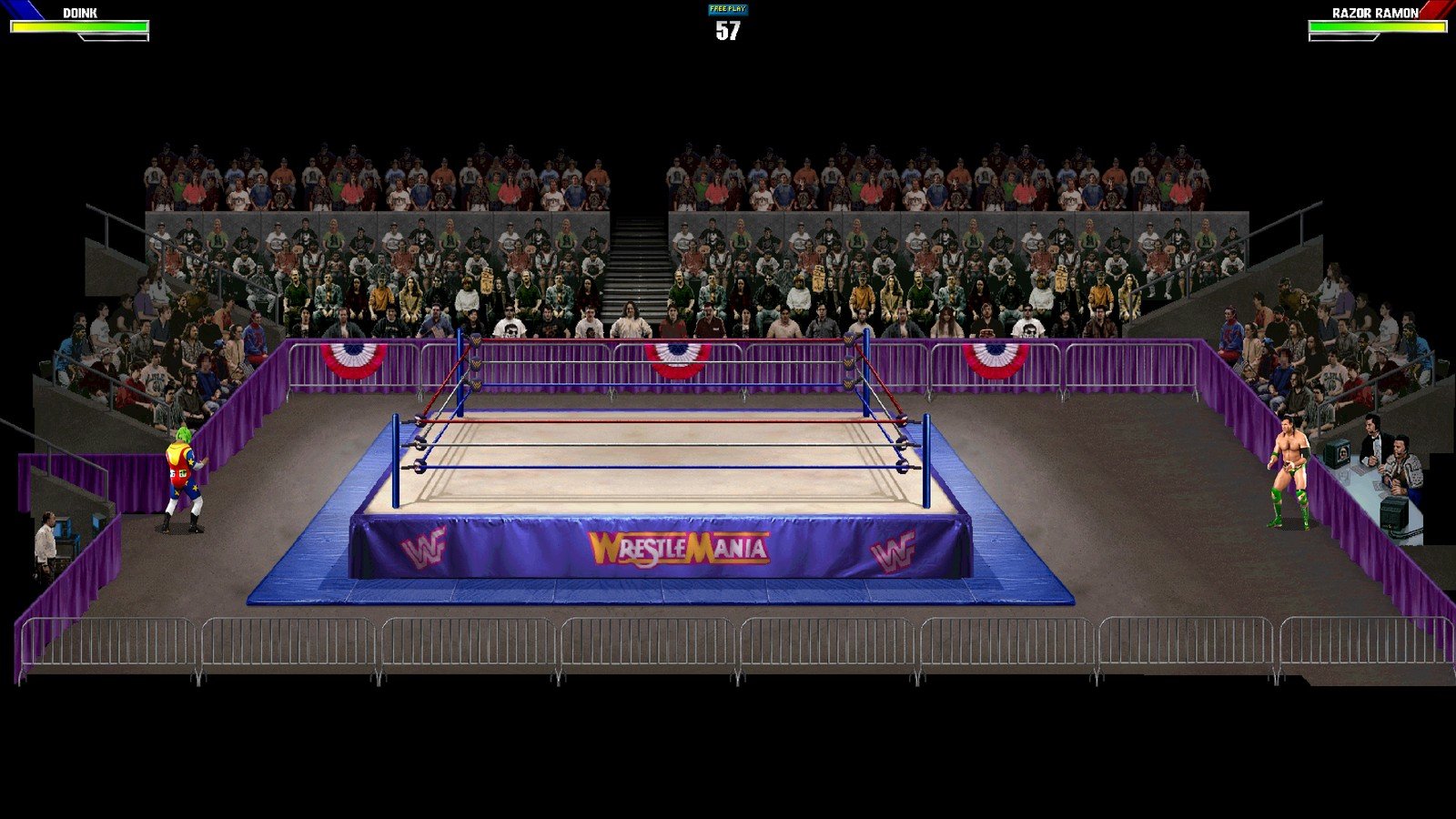 WrestleMania port nativo com visão ampla e zoom dinâmico