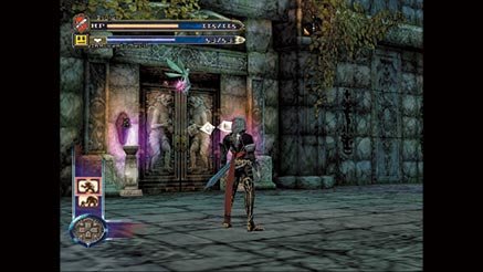 Castlevania: Curse of Darkness com Hector diante de colunas e luzes coloridas