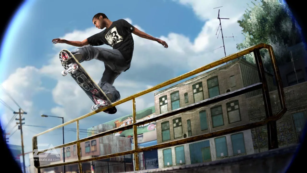 Personagem de Skate 2 desliza sobre corrimão na cidade
