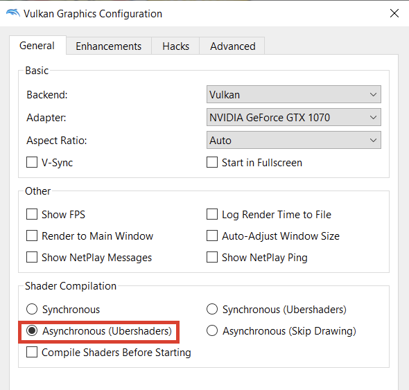 Tela de configuração gráfica do Dolphin com backend Vulkan selecionado