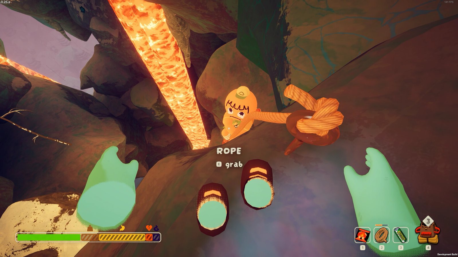 Corda de escalada e cenário vulcânico no jogo PEAK original