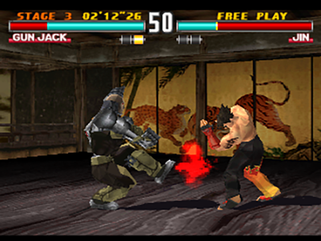 Tekken 3 Godot: referência visual do jogo original com luta de Gun Jack e Jin