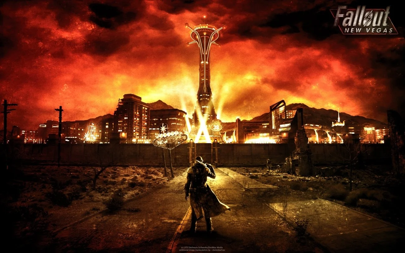 Personagem de Fallout New Vegas caminha em direção à cidade