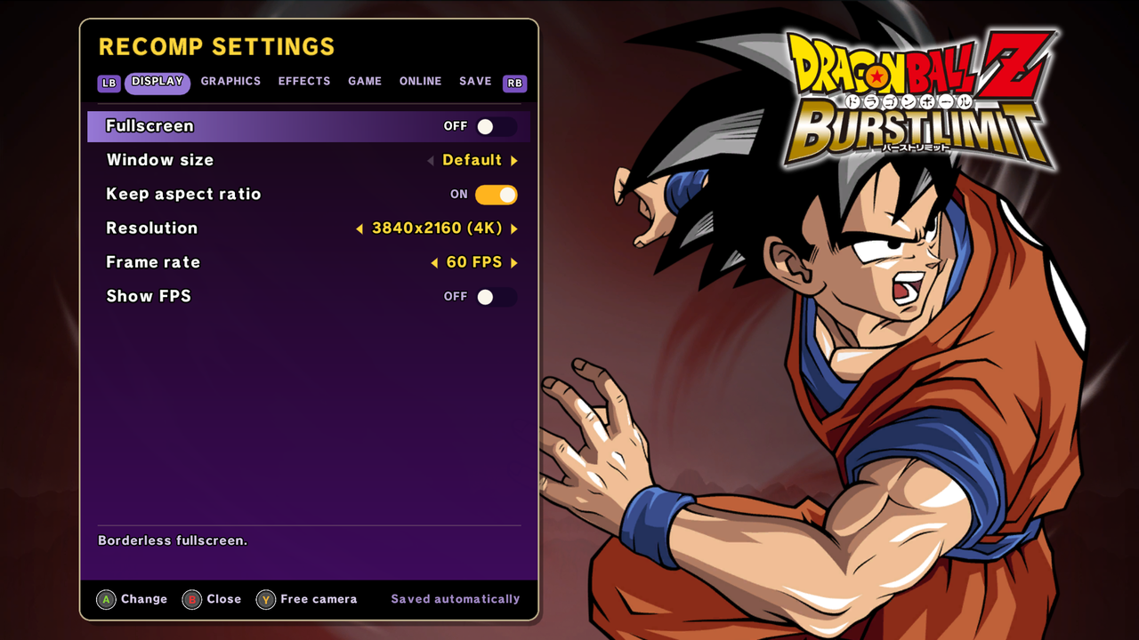 Burst Limit Recompiled: tela de configurações do port no PC