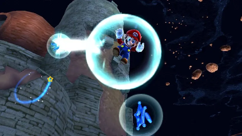 Super Mario Galaxy original: Mario em uma bolha espacial próximo a uma torre
