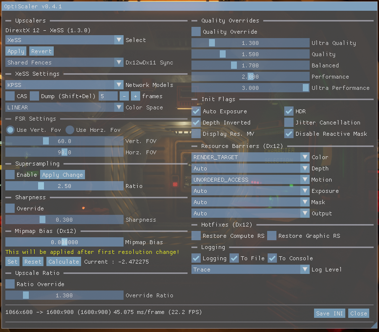 Interface de configurações do OptiScaler F5 com parâmetros de renderização e ajustes de imagem