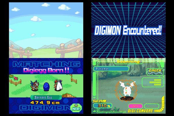 Digimon World DS com nascimento de DigiEgg e escaneamento de Digimon nas telas do Nintendo DS