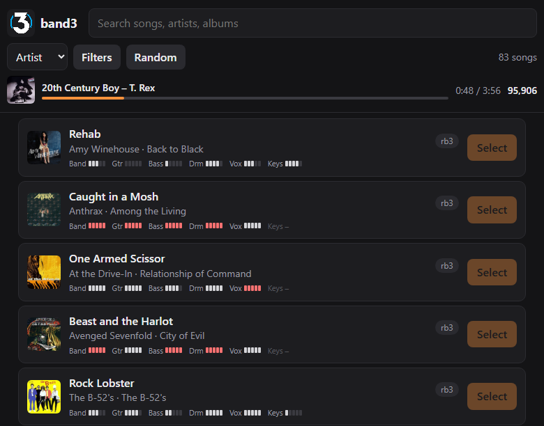 Interface de navegação da biblioteca de músicas do projeto band3_recomp com álbuns e dificuldades