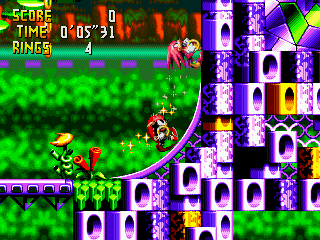 Captura histórica de Knuckles Chaotix com personagens ligados pelo sistema de parceria