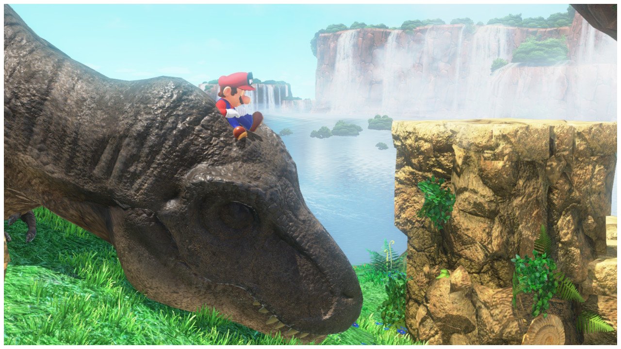 Mario sobre a cabeça de um T-Rex no Cascade Kingdom de Super Mario Odyssey para Nintendo Switch