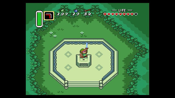 Link erguendo a Master Sword em A Link to the Past de Super Nintendo