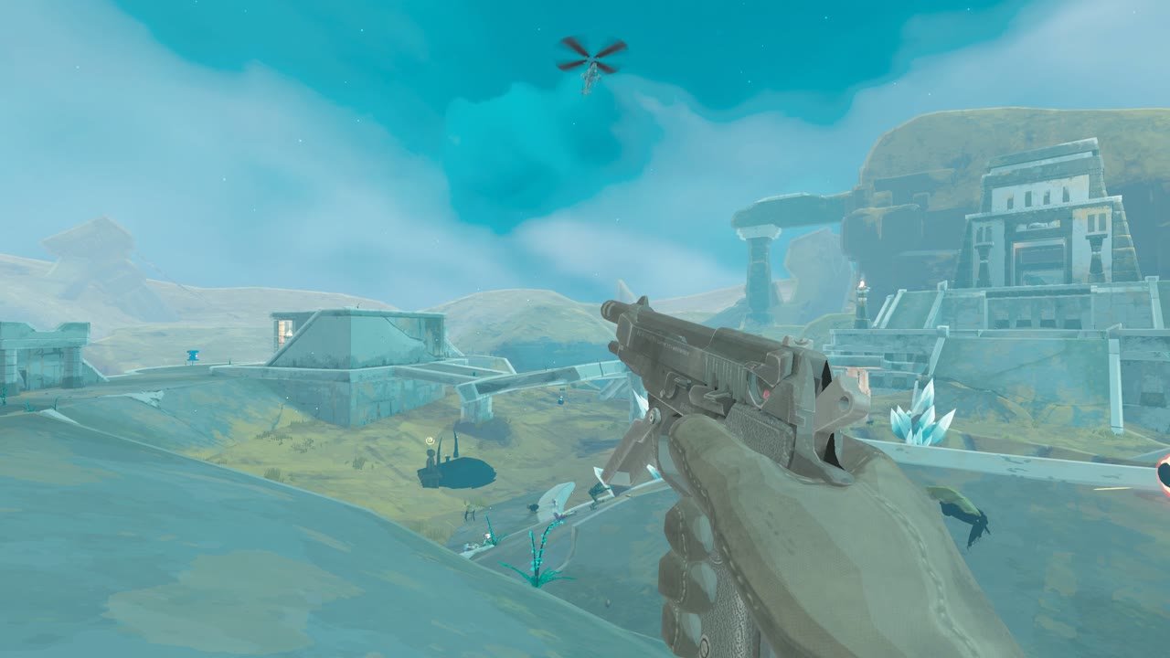 Captura do MW2xRoR2 mostrando o helicóptero em cena no Risk of Rain 2.