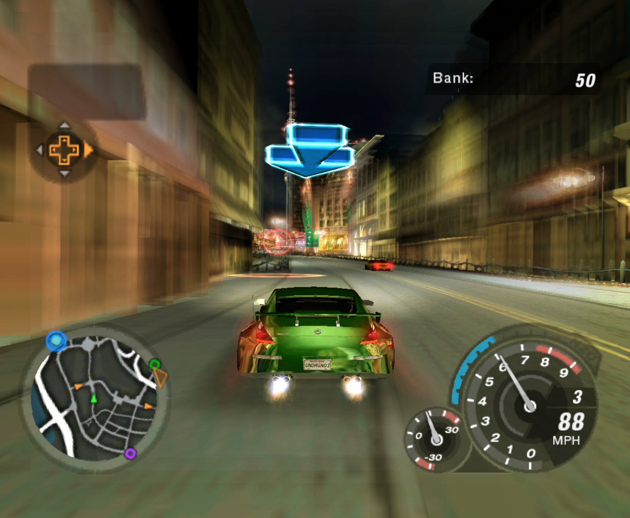 Carro verde em corrida de Need for Speed Underground 2 na Bayview noturna