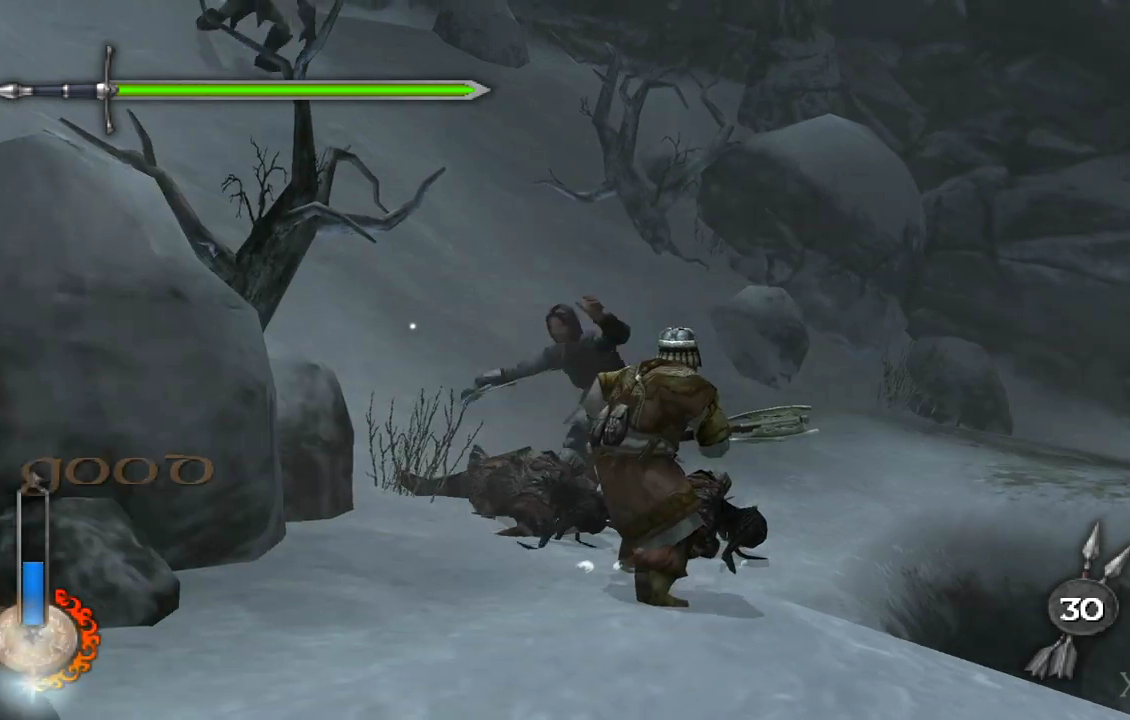 Personagem em combate no The Two Towers original em cenário nevado