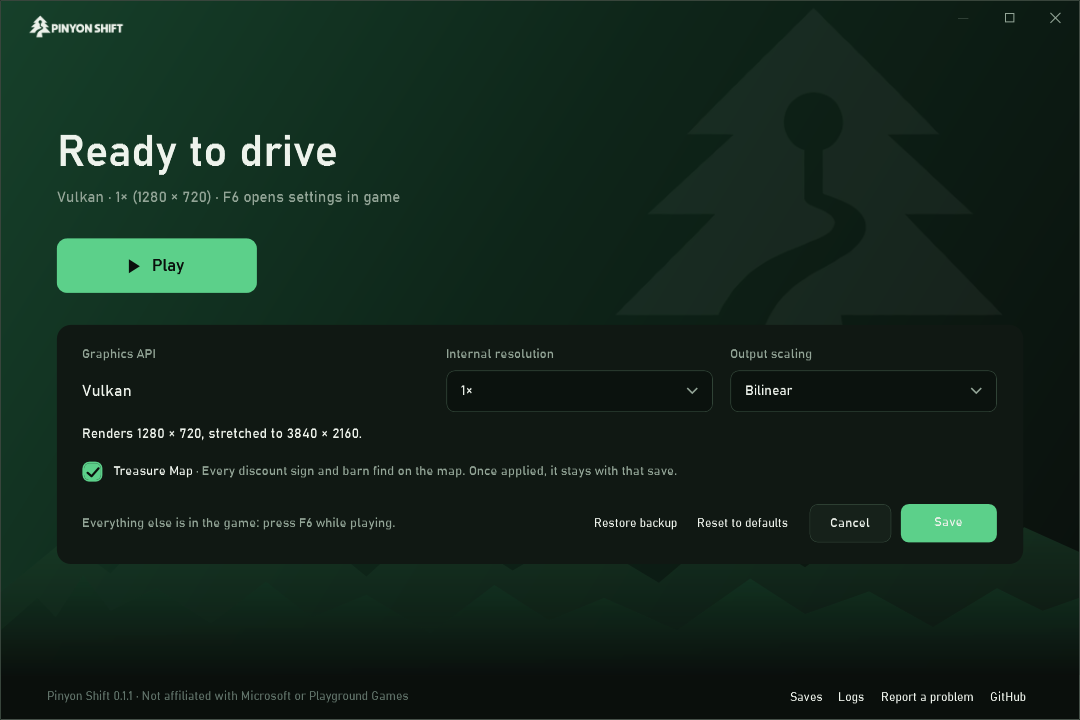 Opções e ajustes do launcher Pinyon Shift para Forza Horizon