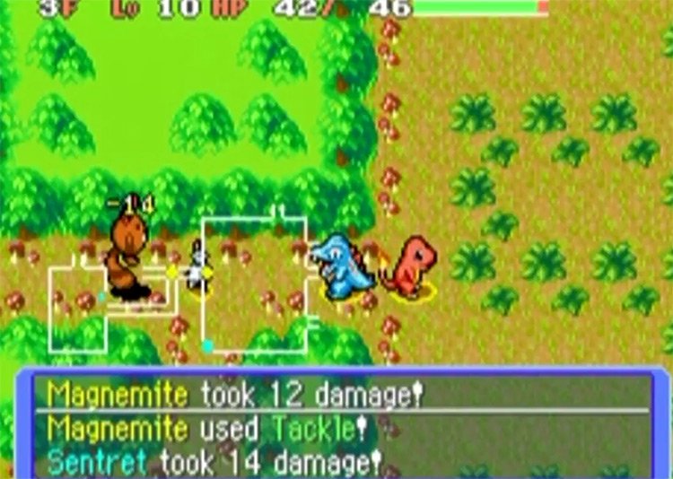 Pokémon Mystery Dungeon Red Rescue Team original para GBA com Pokémon em combate em uma floresta