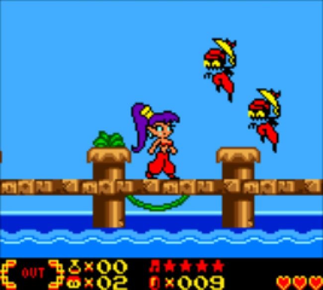 Shantae no Game Boy Color caminha sobre píer com inimigos voadores no jogo original