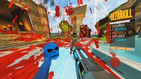 Combate no jogo ULTRAKILL original como contexto do mod Ultracraft; não mostra a integração.