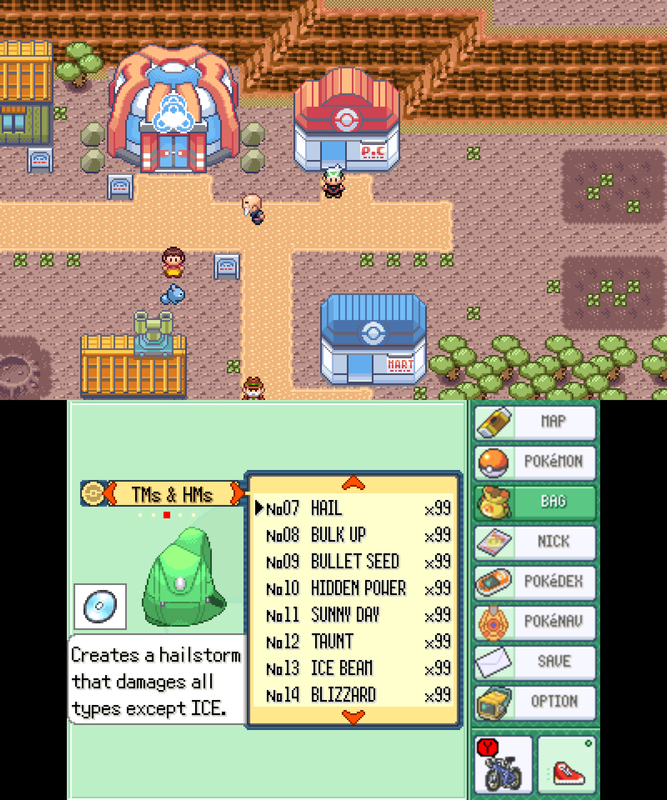 Terceira captura vertical de duas telas do projeto Pokémon Emerald 3Ds