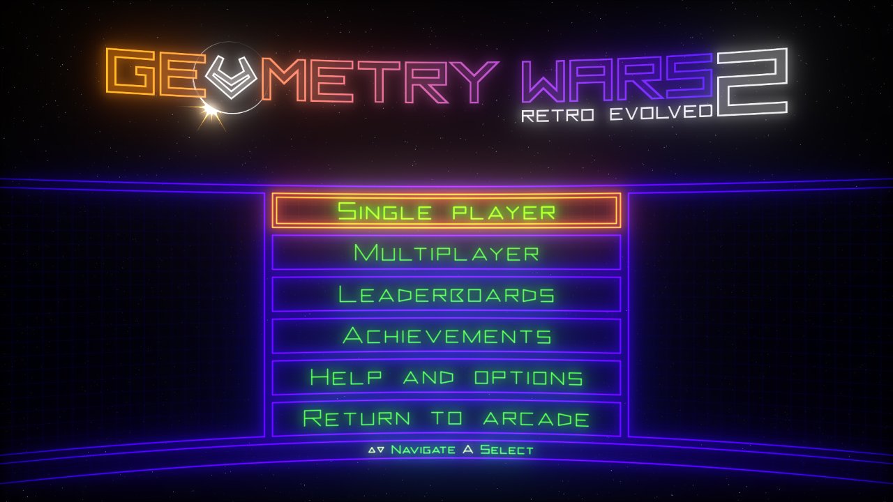 Menu original de Geometry Wars 2 com opções de partida e conquistas