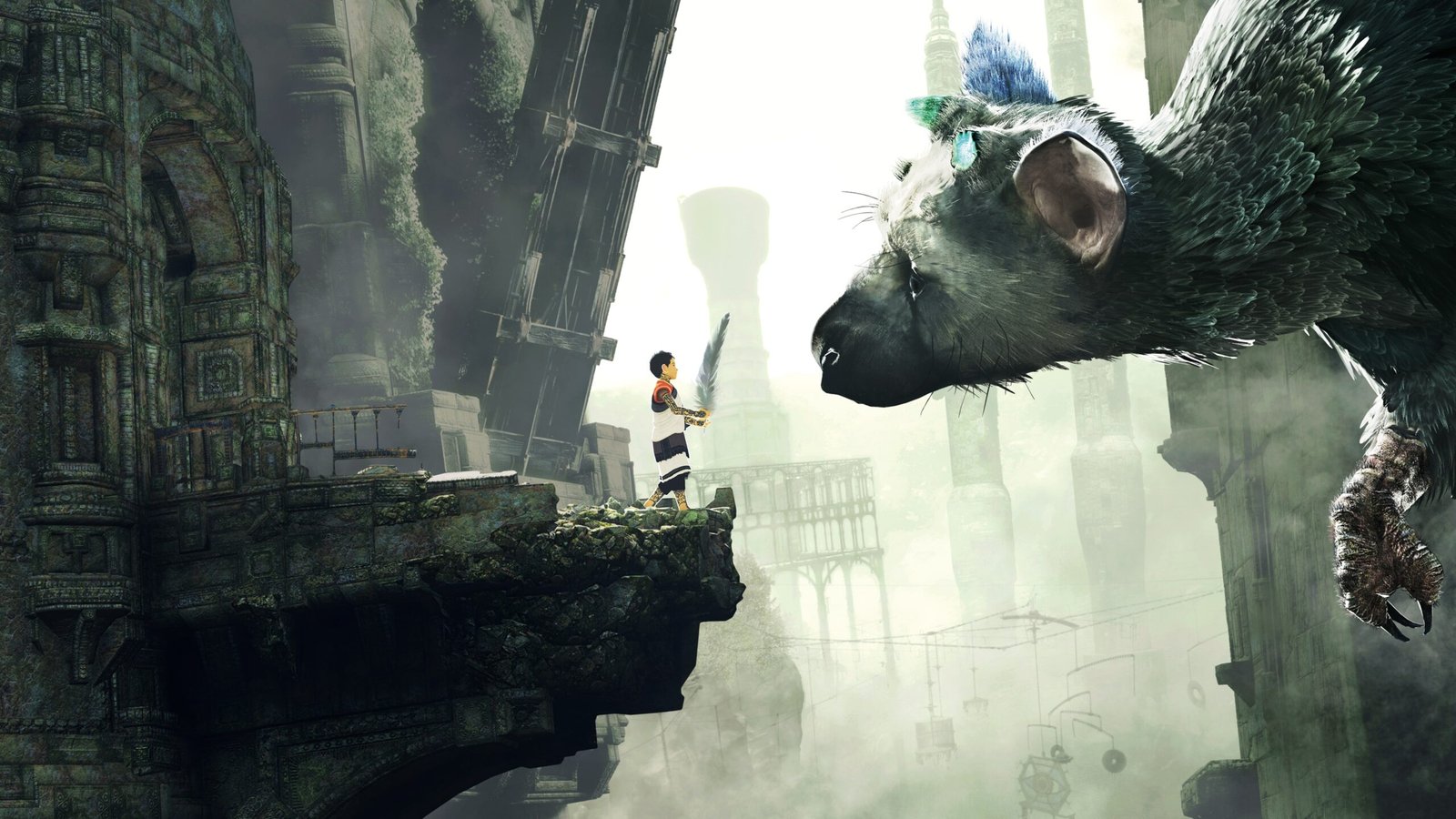 Trico aproxima seu rosto do menino entre ruínas em The Last Guardian, arte oficial do jogo de PlayStation 4