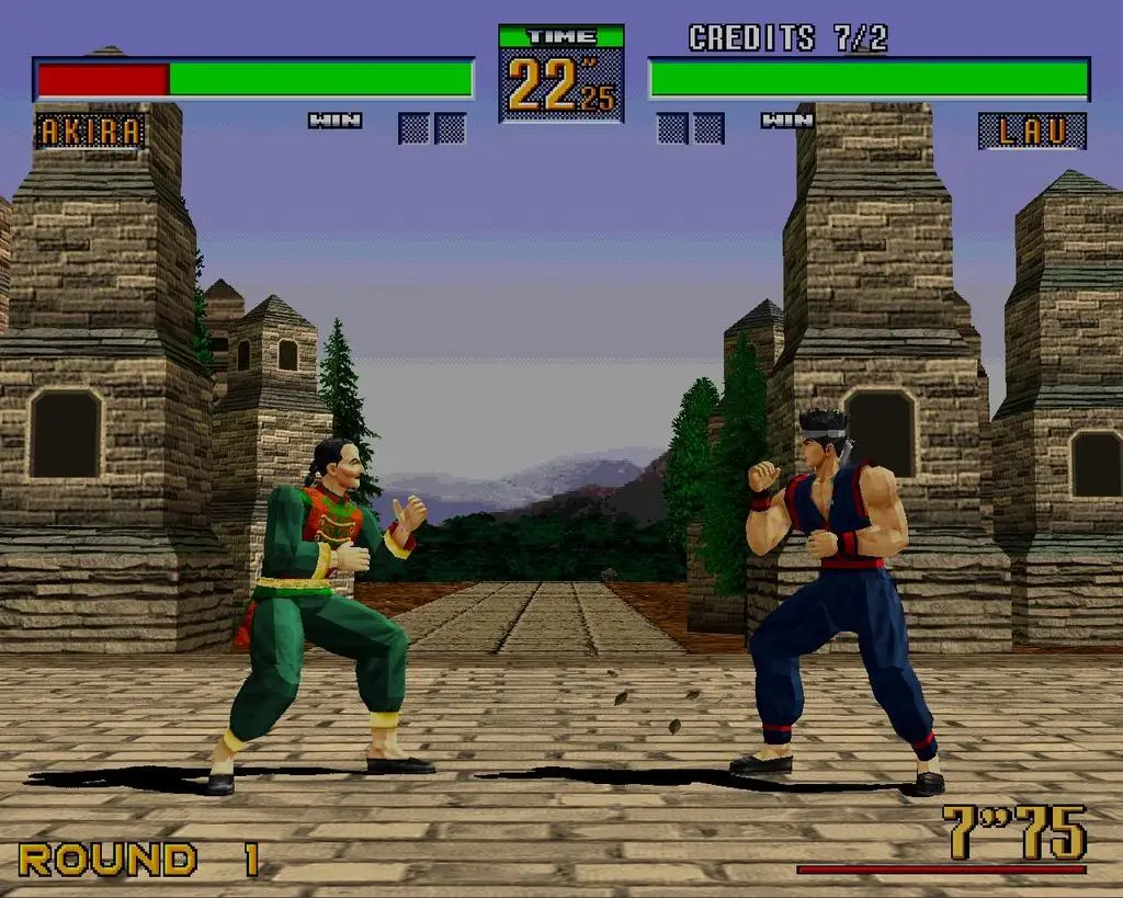 Virtua Fighter 2 arcade — Akira enfrenta Lau em arena com muralhas
