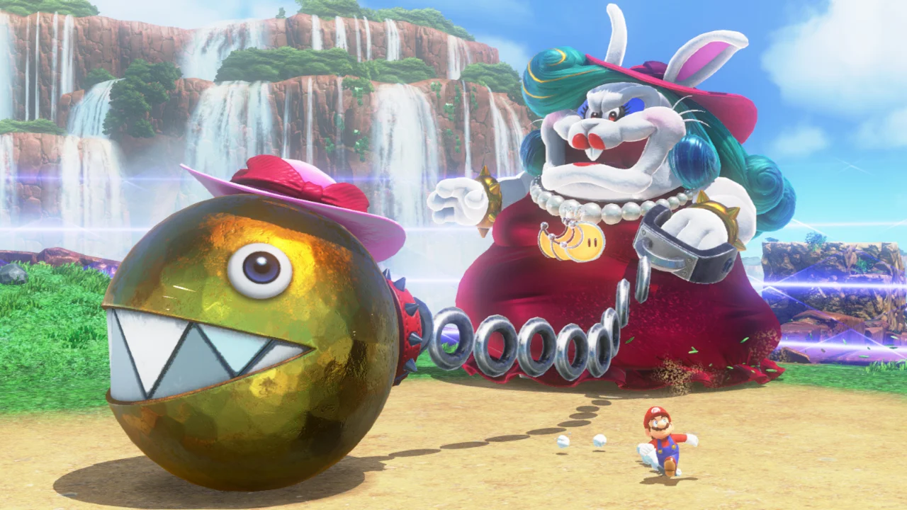 Mario enfrenta Madame Broode e o Chain Chomp dourado em Super Mario Odyssey para Nintendo Switch