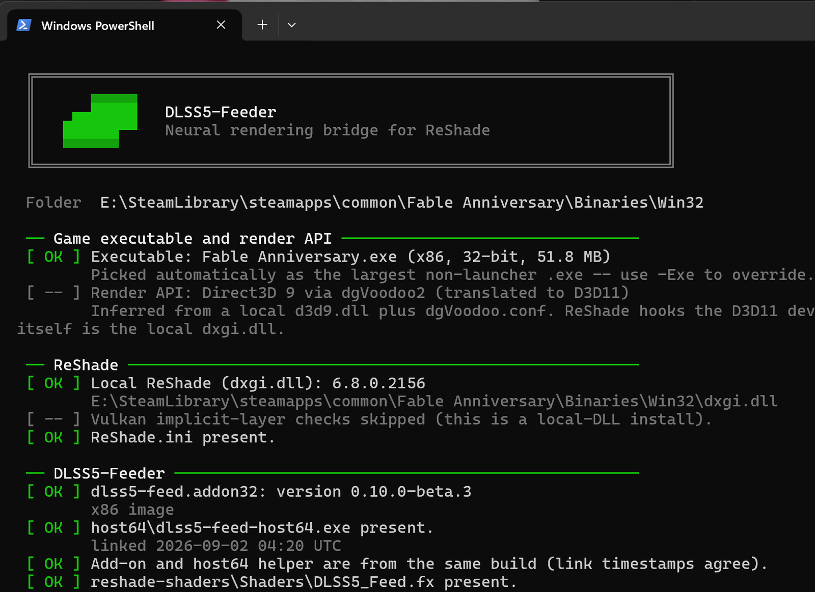 Saída do verificador de instalação do DLSS5-Feeder