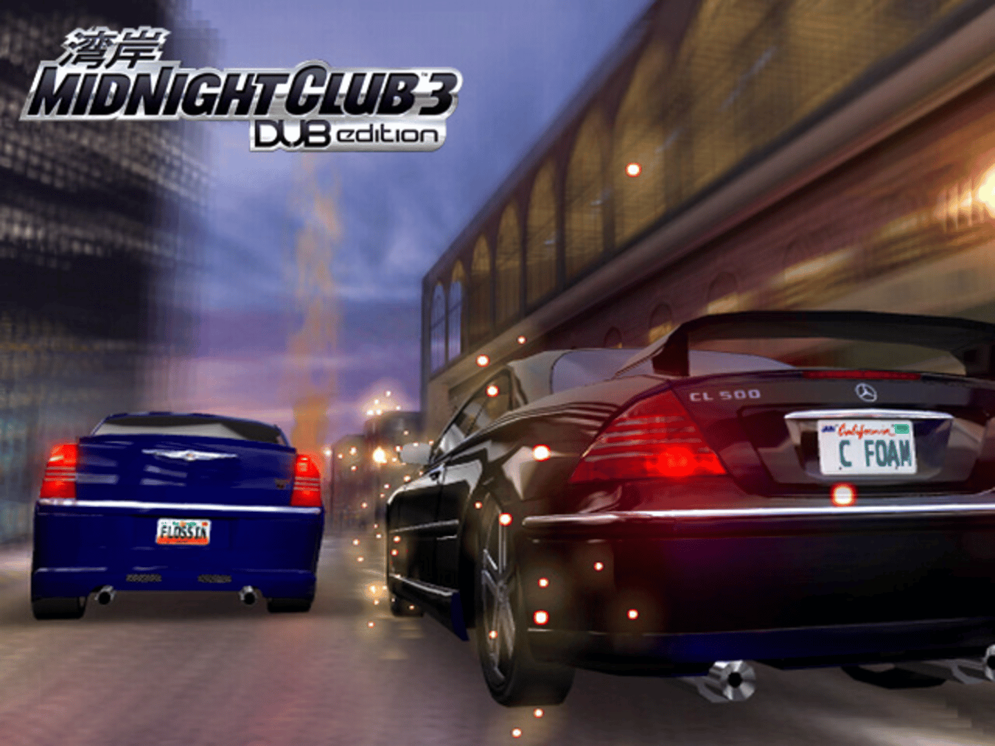 Arte histórica de Midnight Club 3 com dois carros disputando uma corrida em rua urbana