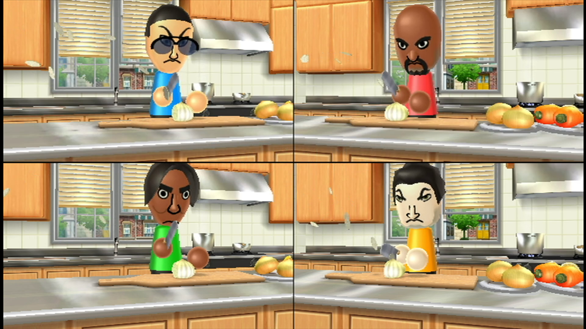 Quatro personagens Mii cortam cebolas no minigame Chop Chops de Wii Party