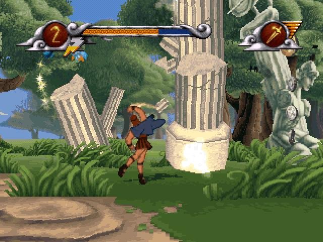 Hércules corre entre colunas e ruínas gregas em cena de Disney's Hercules de 1997