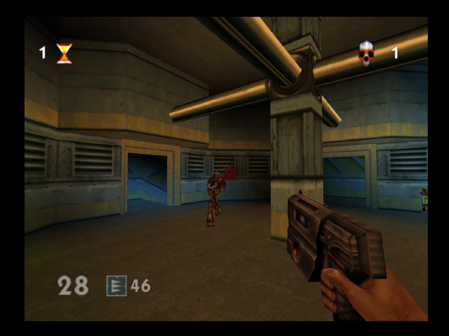Tela dividida de Turok: Rage Wars original com dois jogadores numa arena