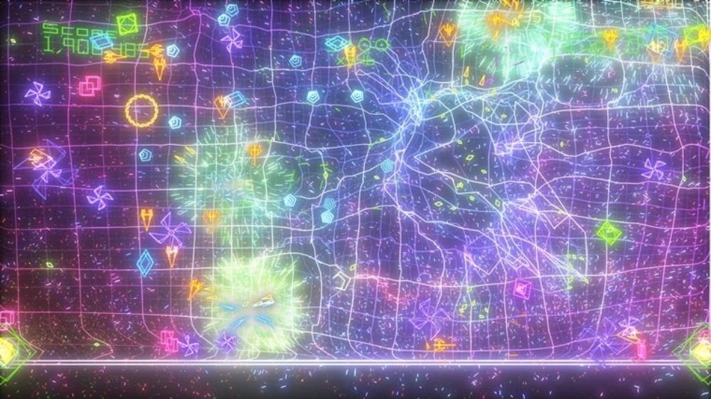 Geometry Wars 2 com inimigos geométricos e efeitos coloridos em arena de neon