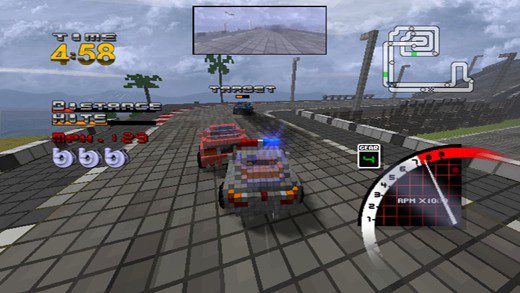 3D Pixel Racing original: carros voxel em corrida no circuito costeiro da edição WiiWare, imagem de referência