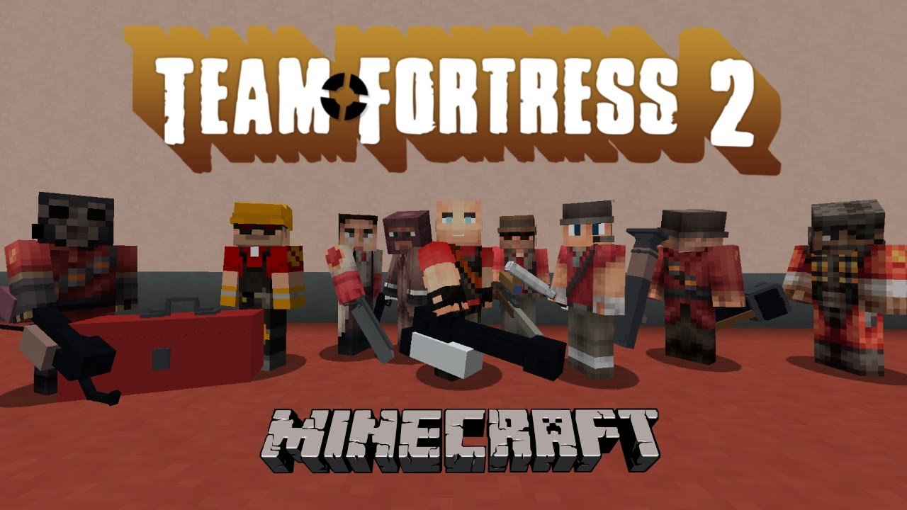 Robôs de Team Fortress 2 em cenário do Minecraft na imagem do projeto FortCraft